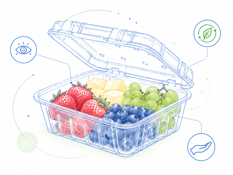 Custom Packaging Capabilities 1 Clear PET fruit clamshell container with berries, grapes, ventilation holes, and sustainable packaging feature icons