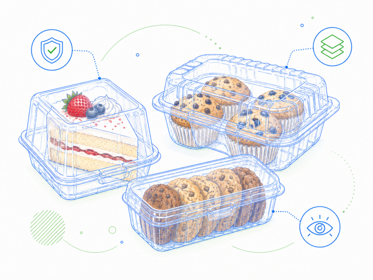 Custom Packaging Capabilities 2 Clear PET bakery clamshell containers for cake, muffins, cookies, and dessert packaging with protection and visibility icons
