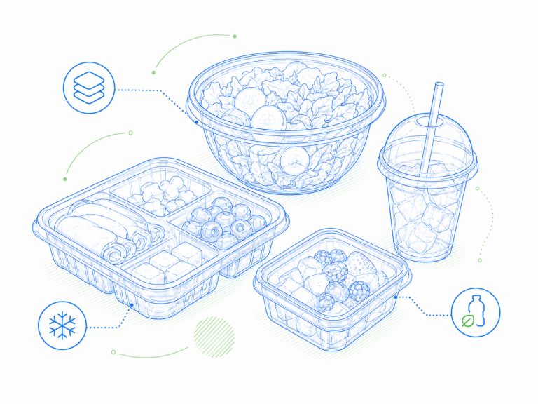Custom Packaging Capabilities 3 Clear PET food service packaging illustration with salad bowl, compartment tray, cold cup, and deli containers