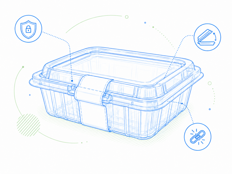 Custom Packaging Capabilities 4 Clear PET tamper evident food container illustration with secure lock, hinged lid, and reinforced structure