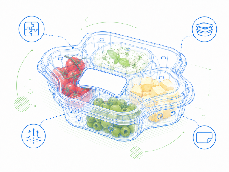 Custom Packaging Capabilities 5 Clear PET compartment deli tray illustration with tomatoes, olives, cheese, mozzarella, ventilation holes, and stackable packaging features