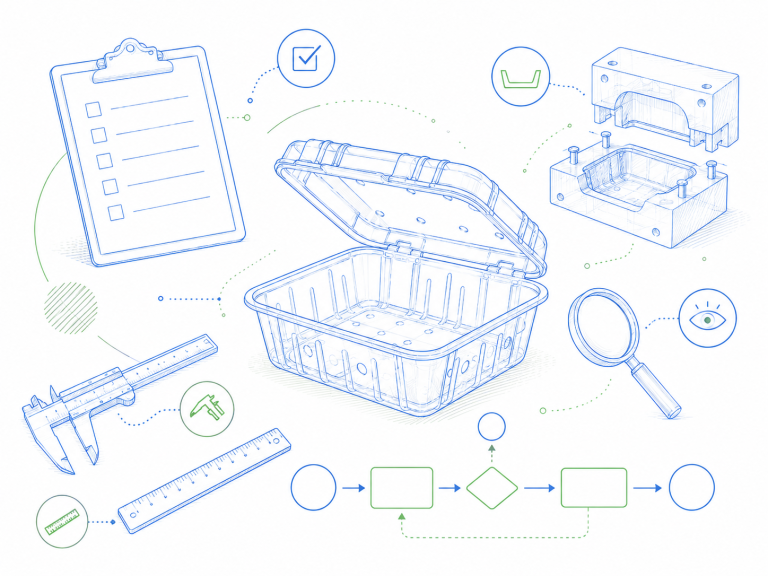 Custom Packaging Capabilities 6 Clear PET clamshell container design and quality control illustration with mold, checklist, caliper, ruler, and inspection workflow