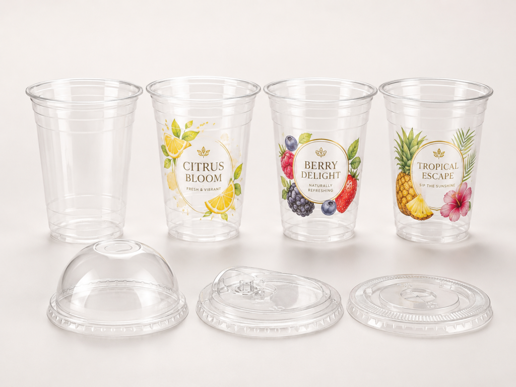 Custom printed clear PET cold cups with fruit label designs, dome lids, sip lids, and flat straw slot lids
