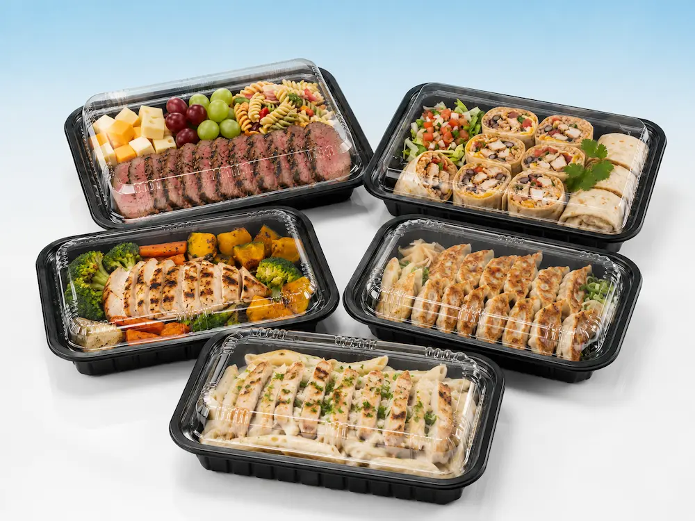 Black base meal prep containers with clear PET lids for ready meal packaging