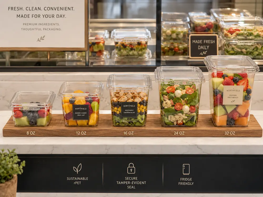 2026 Global Clear PET, rPET and Tamper Evident Food Packaging Buyer Guide 8 Branded clear PET tamper evident containers for premium fresh food display