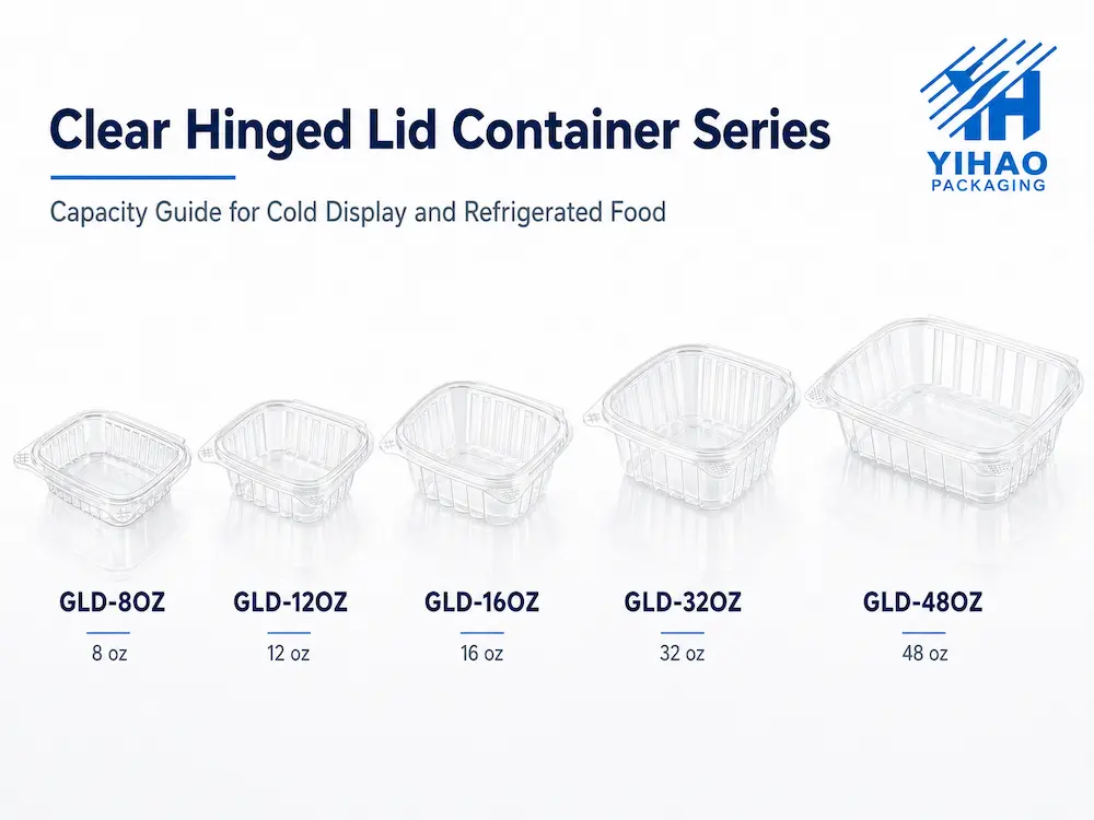 Clear PET hinged lid container series for cold display and refrigerated food