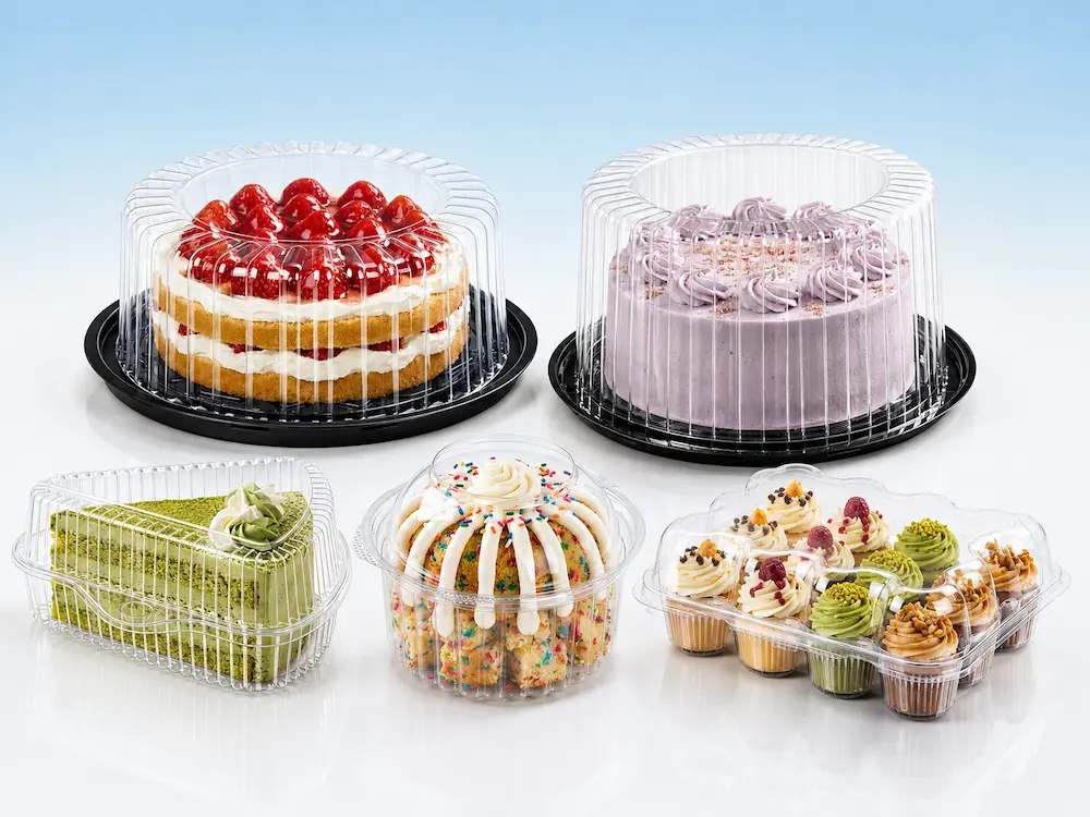 Clear PET bakery containers for cakes, cupcakes, loaf cake, and dessert packaging