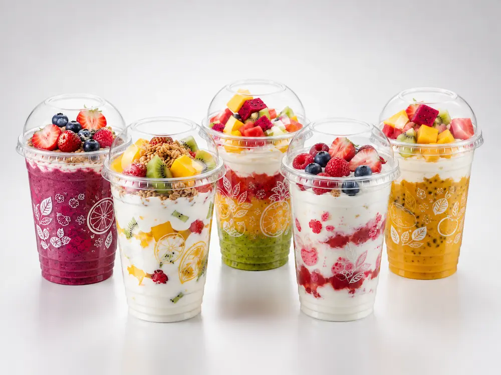 Clear PET cold cups with dome lids for yogurt parfaits, smoothies, fruit desserts, and takeaway beverages