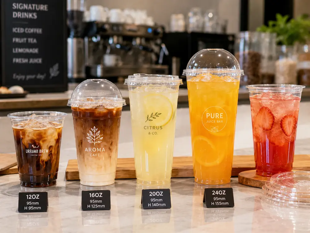 clear PET cold cups with iced coffee juice tea and lemonade in different capacities