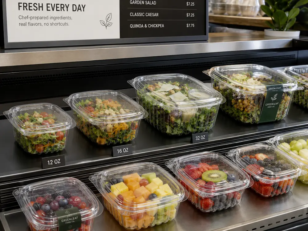 Clear PET deli containers for refrigerated fruit and salad food packaging