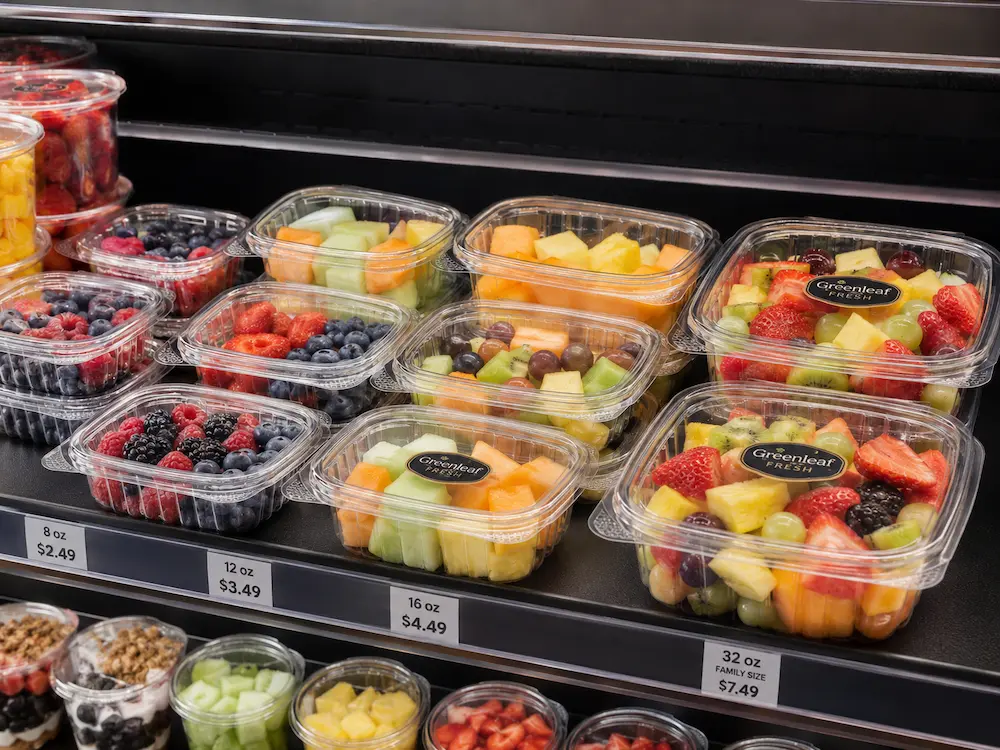Clear PET deli containers for fresh fruit portions in supermarket cold display