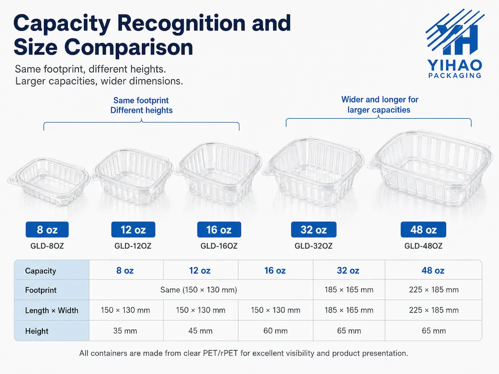Capacity comparison of clear PET food containers from 8 oz to 48 oz