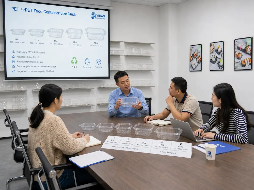 Packaging sample review meeting for clear PET food container size selection