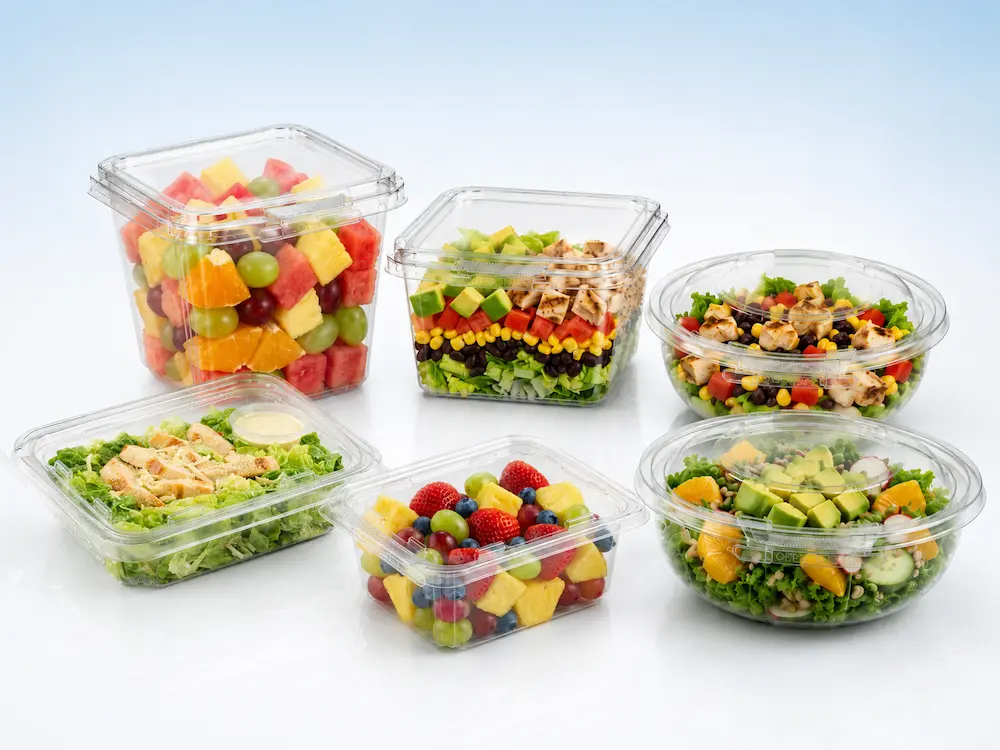 Clear PET food packaging containers for fruit salad deli and ready to eat meals
