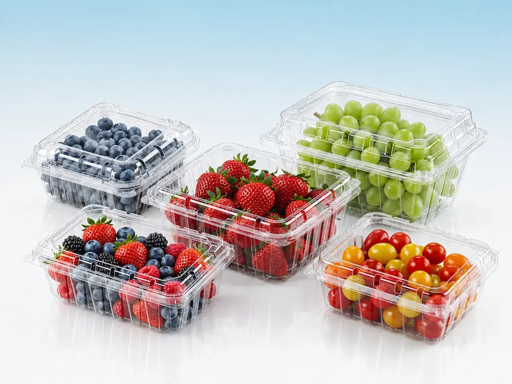 Clear PET fruit clamshell containers for berries grapes and cherry tomatoes packaging