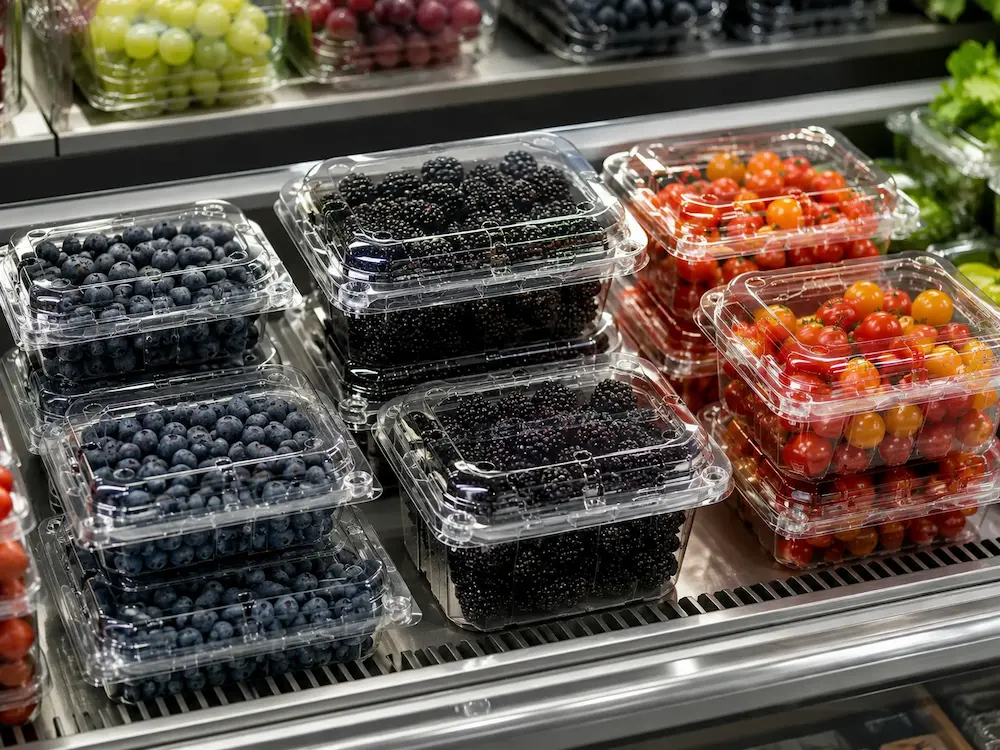 Fruit Clamshell Packaging Size Guide for Berries, Grapes, Cherry Tomatoes, Apples and Fresh-Cut Fruit 1 Clear PET fruit clamshell containers for berries and cherry tomatoes in retail produce display