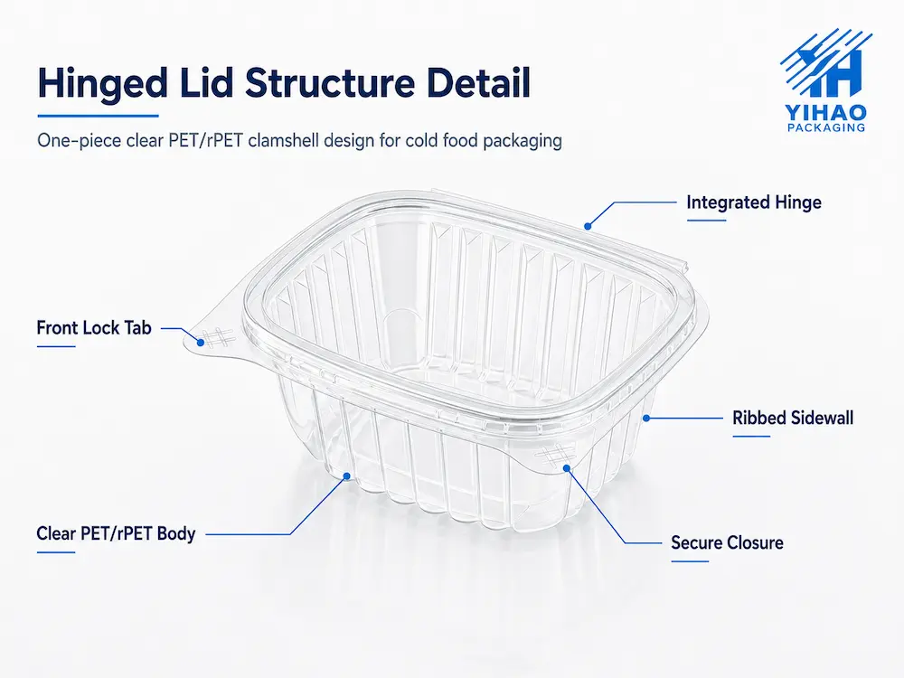Clear PET hinged lid container structure with integrated hinge and secure closure