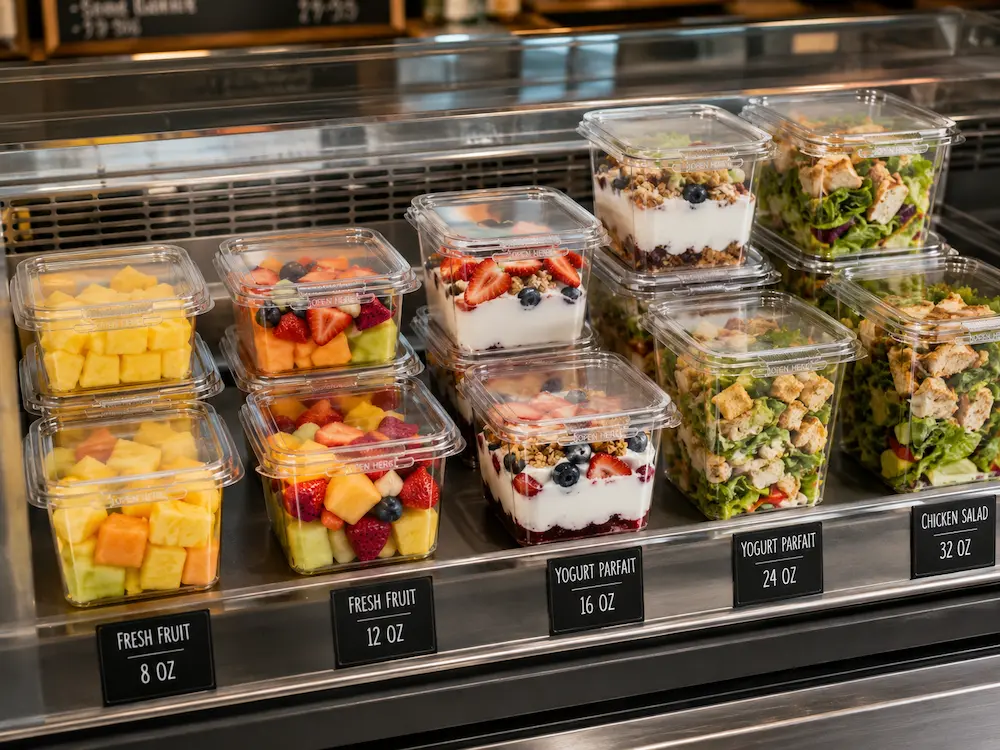 Clear PET hinged lid food containers displayed with fruit parfaits and salads in a retail cold case