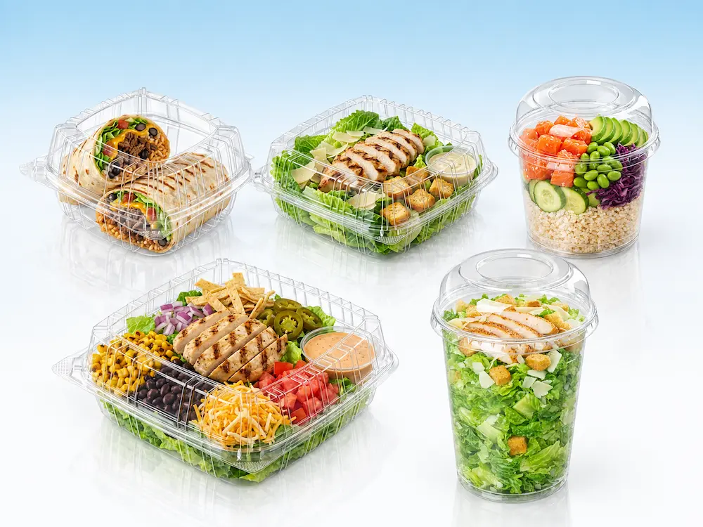 Clear PET salad bowls and clamshell containers for fresh salad and deli food packaging