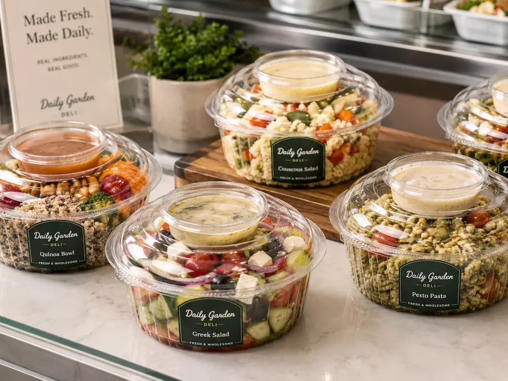 Clear PET salad bowls and deli containers for fresh salad retail display