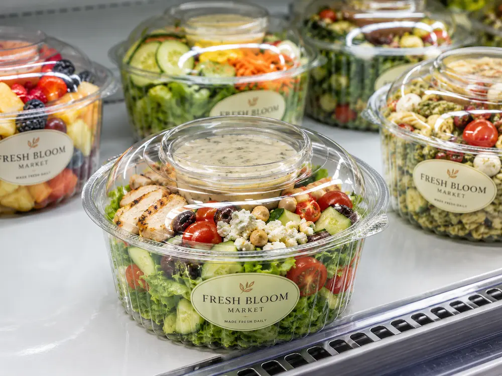 Clear PET salad containers for supermarket cold display and fresh food merchandising