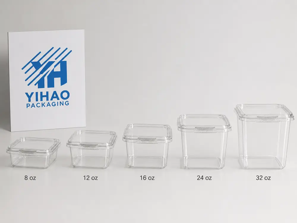 Clear PET tamper evident food container size lineup from 8 oz to 32 oz