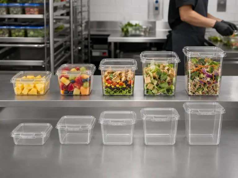 Home3 16 Clear PET tamper evident containers with filled food samples and empty packaging structure