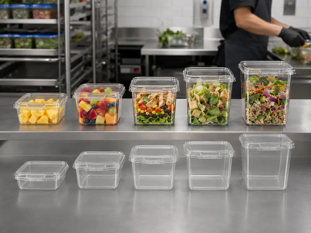 Clear PET tamper evident containers with filled food samples and empty packaging structure