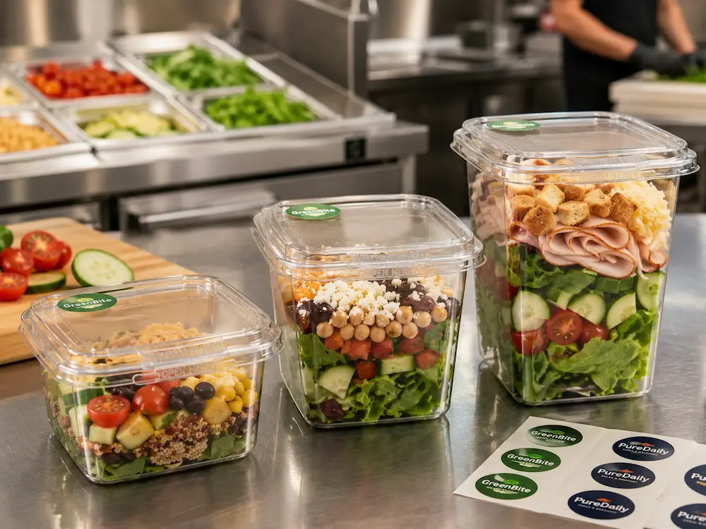 Clear PET tamper evident food containers with labels during salad preparation in a commercial kitchen