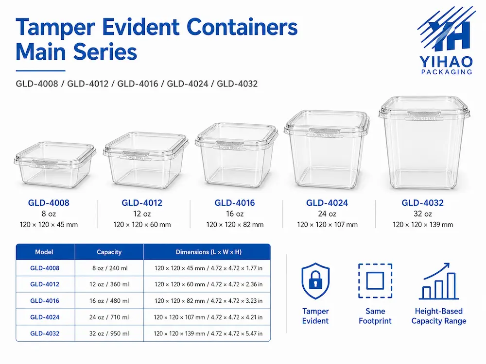 2026 Global Clear PET, rPET and Tamper Evident Food Packaging Buyer Guide 1 Clear PET tamper evident containers main series with five capacity options