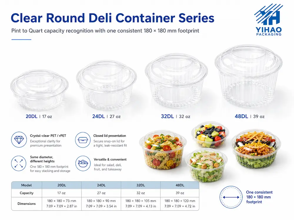 Clear round deli container series from 17 oz to 39 oz with PET and rPET material features
