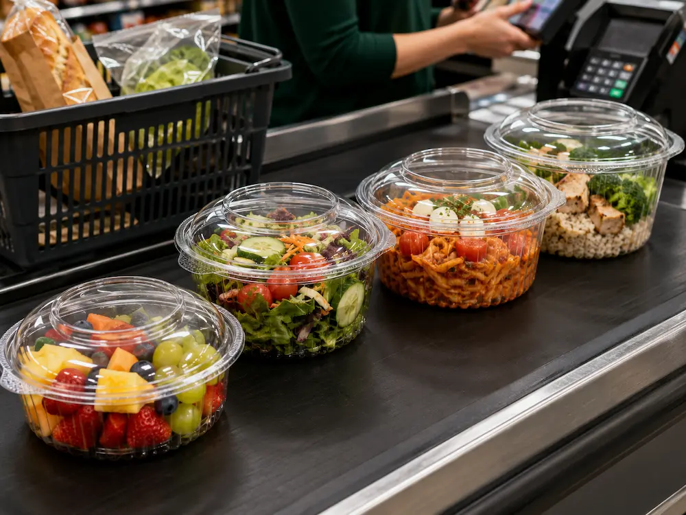 Clear round deli containers for salad fruit and cold food at supermarket checkout