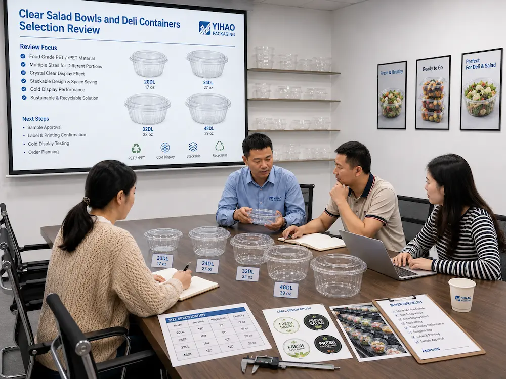 Clear salad bowl and deli container sample review meeting for buyers