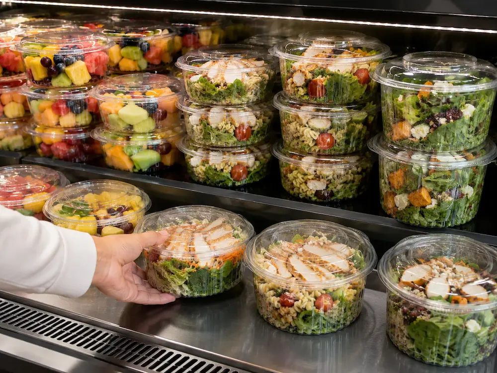 Customer selecting clear PET salad deli container from refrigerated display