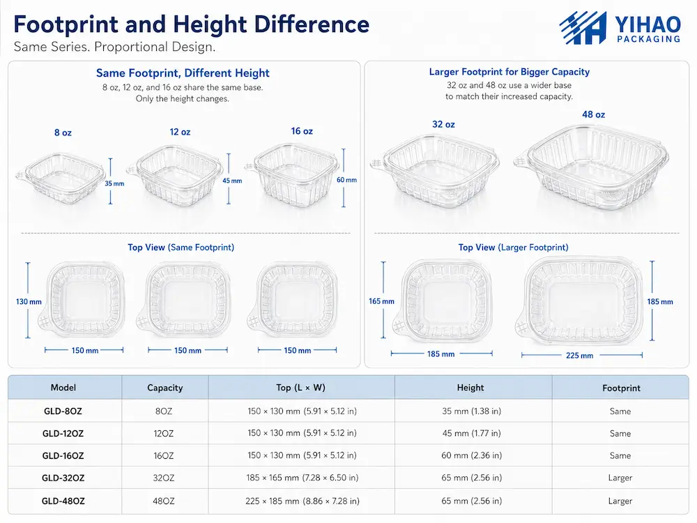 Footprint and height difference of clear PET food containers