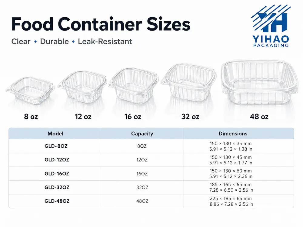 Clear PET food container size guide showing 8 oz 12 oz 16 oz 32 oz and 48 oz options