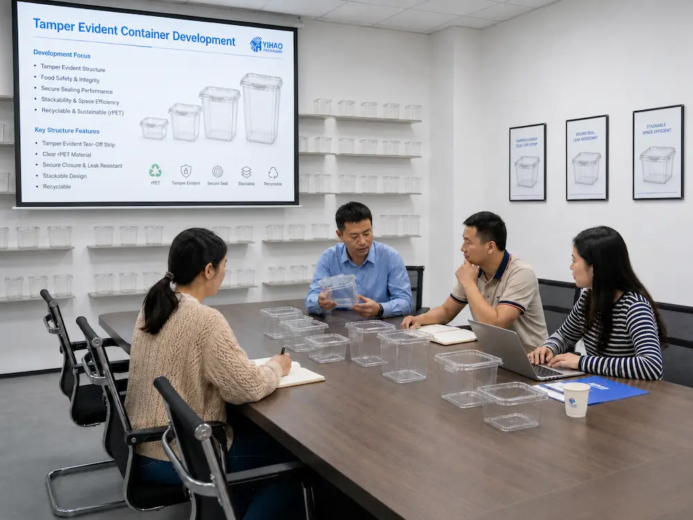 YIHAO team reviewing clear PET tamper evident containers and food packaging structure options