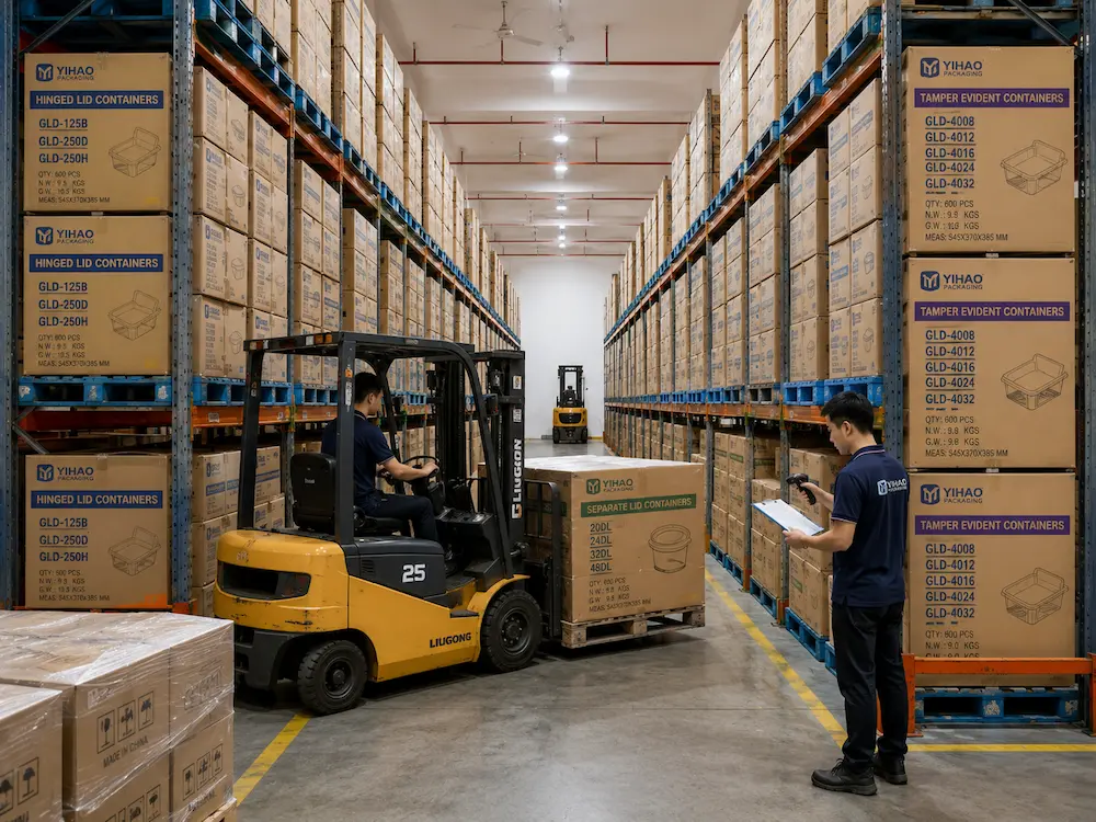 Food packaging warehouse with organized carton inventory and forklift handling for wholesale orders
