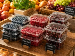 Fruit clamshell packaging size guide for berries grapes and fresh produce retail display