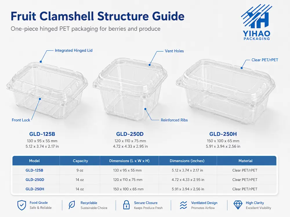 Fruit Clamshell Packaging Size Guide for Berries, Grapes, Cherry Tomatoes, Apples and Fresh-Cut Fruit 3 One-piece hinged PET fruit clamshell structure guide with vent holes and front lock