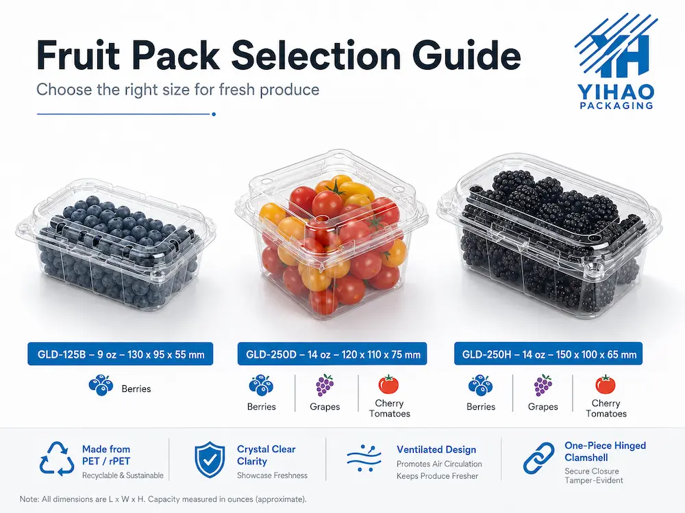 Fruit Clamshell Packaging Size Guide for Berries, Grapes, Cherry Tomatoes, Apples and Fresh-Cut Fruit 4 Fruit pack selection guide for berries grapes and cherry tomatoes in clear PET clamshells