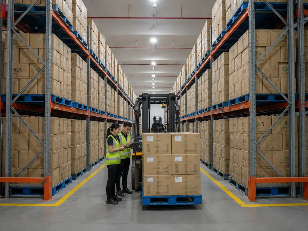 organized packaging warehouse with stacked cartons and palletized PET cup inventory