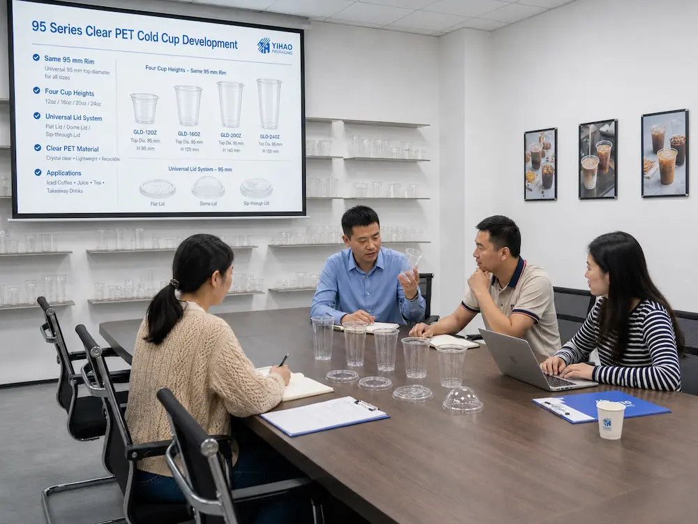 packaging sample review meeting for 95 series clear PET cold cup development