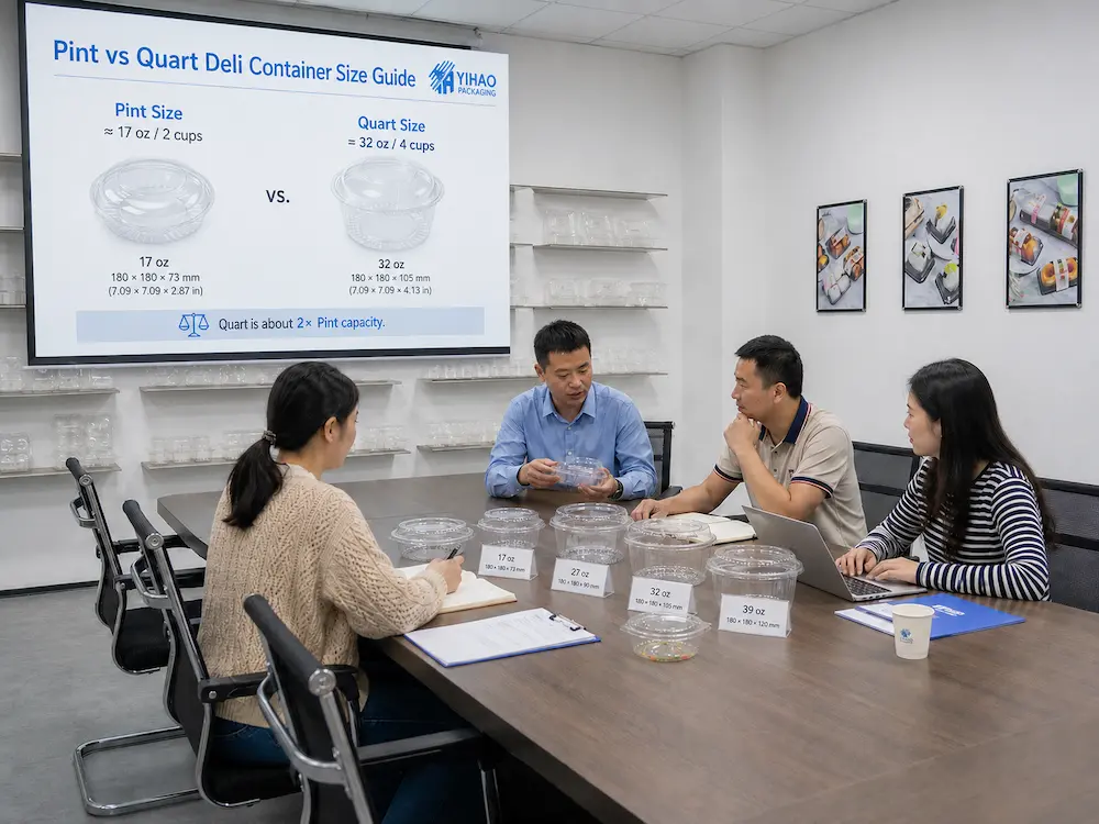 Buyer meeting comparing pint and quart deli container sizes