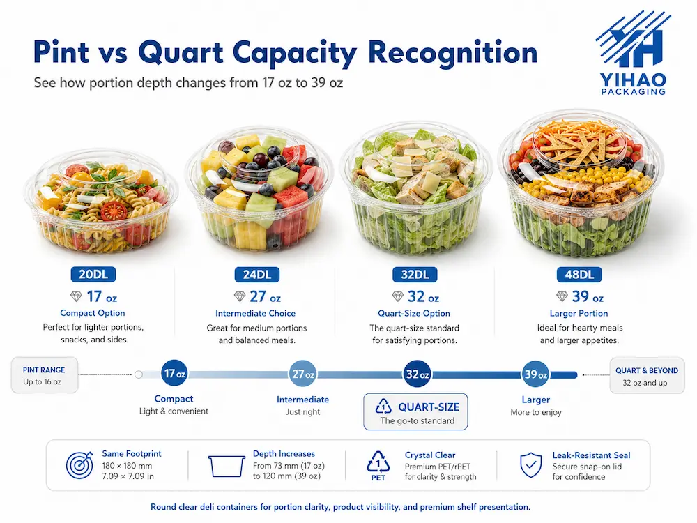 Pint vs quart deli container capacity comparison with clear round PET deli containers