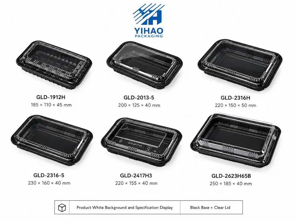 PP black base food container size series with clear lids and specifications