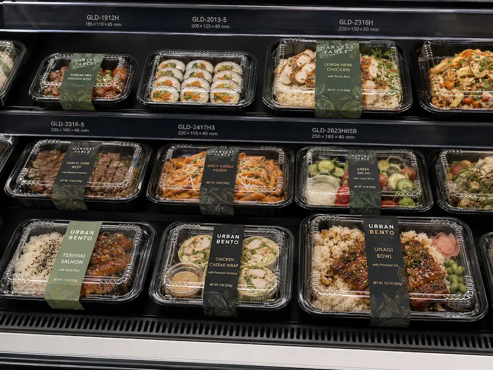 PP black base food containers with clear lids displayed in a refrigerated retail case