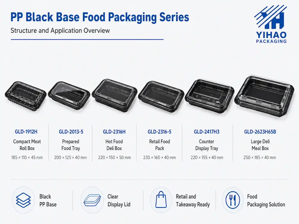 PP black base food packaging series for prepared meals takeaway and retail display