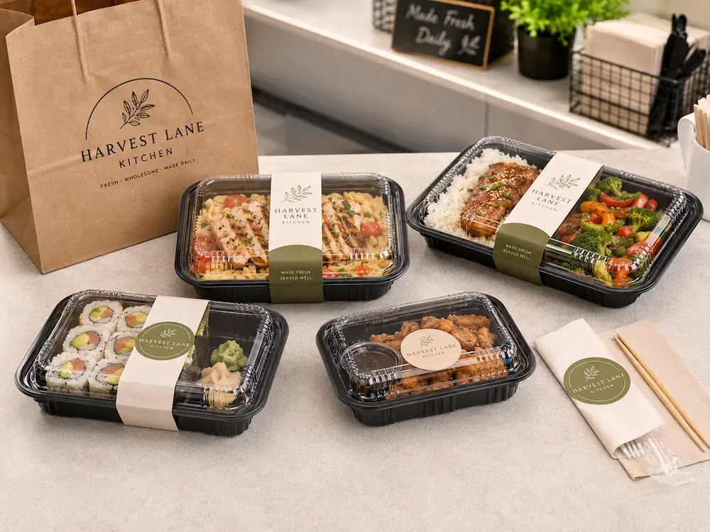 PP black base prepared meal containers with clear lids for takeaway food packaging