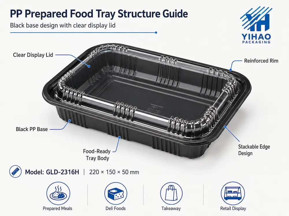 PP prepared food tray structure guide with black base and clear display lid